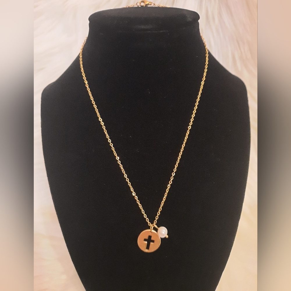 Gold Round Cross Disc & Faux Pearl Charm Necklace